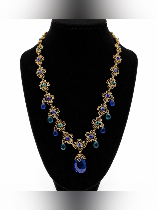 Avon Jewelry - Avon Collier Briolette Multicolore Blue Rhinestone Scroll Gold Necklace Vintage